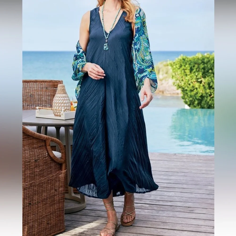 Soft Surroundings Mizu Dress Blues Flowy Maxi Dress Size XL Back Slit NWT - Picture 2 of 13